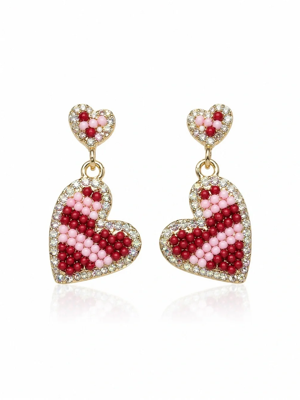 Gold-Tone Red Beaded Heart Drop Earrings